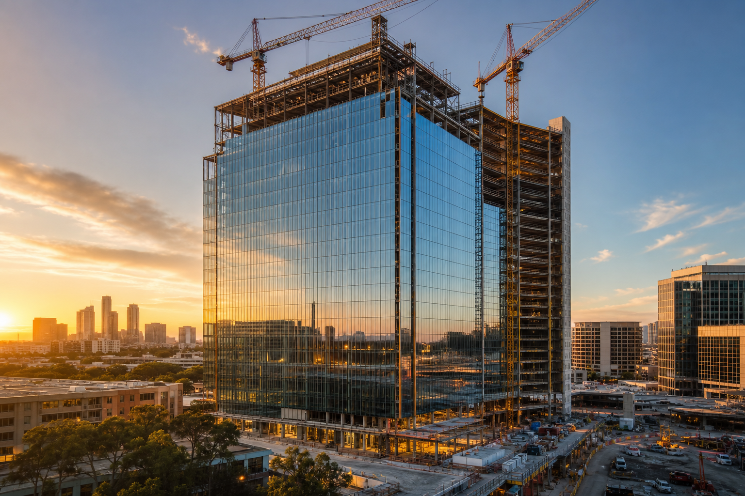 Glass commercial high-rise under construction in Southern California