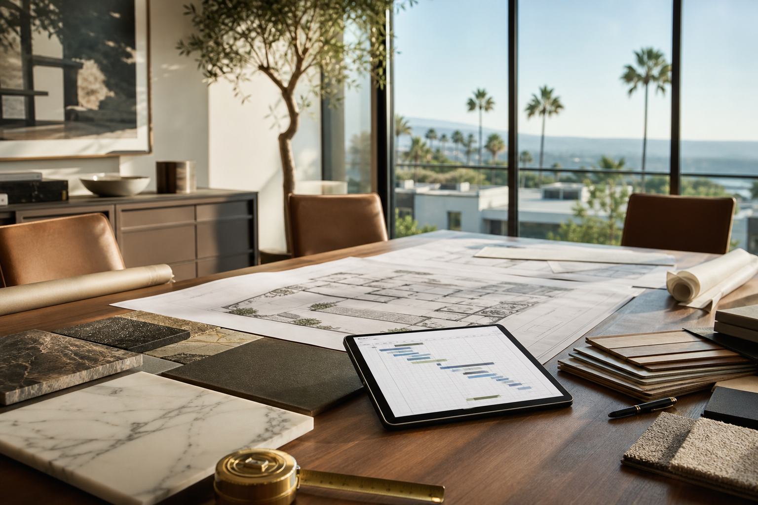 Architectural plans and project schedule on a refined construction management table