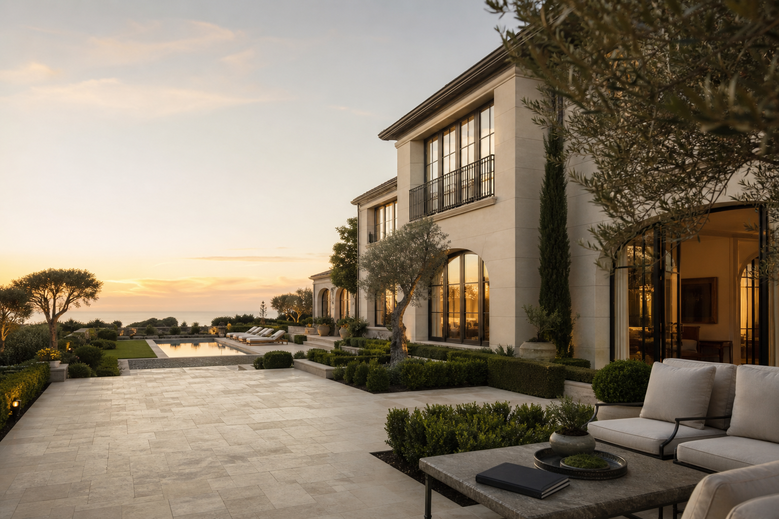 Modern Southern California French-inspired estate at sunset